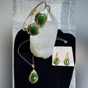 Vintage B.C. Jade Gold Tone Earrings Necklace & Bracelet Set